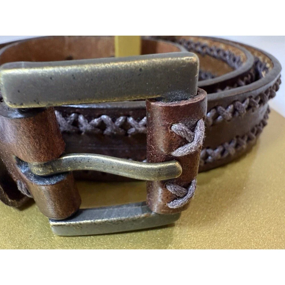 Vtg 1990’s Dockers Genuine Leather Belt Unisex Brown Braided Brass Buckle Size L